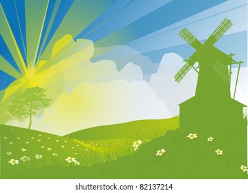 illustration with windmill in green hills