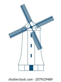 Ilustración de un molino de viento. Laminación, generación de energía, energía renovable, ODS.