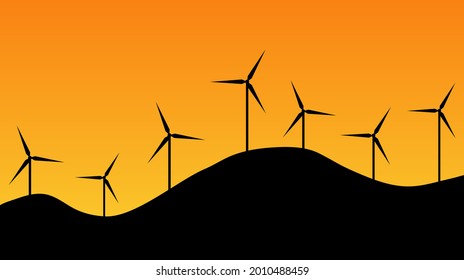 Illustration of windmill on the hill during sunset.