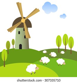 Illustration of a windmill on peaceful meadow with sheeps.