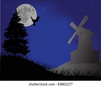 ilustración con molino de viento y búho por la noche