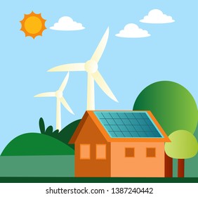 Illustration of windmill and solar panels on a house illustration vector on white background