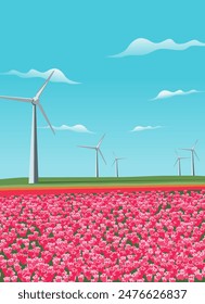 illustration of windmill and summer flower garden
