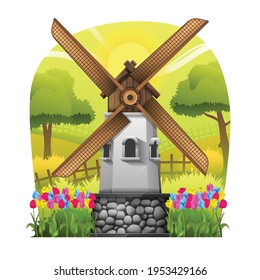 Illustration of A Windmill in The Tulip Field in Spring