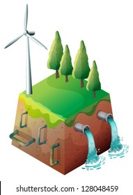 Illustration of a windmill and water pipes on a white background