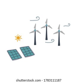 Illustration of windmills and a house on a hill. The image shows alternative energy sources. Nature, hills, grass and trees, renewable energy sources in a quiet corner far from the city. Vector