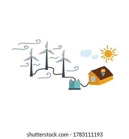 Illustration of windmills and a house on a hill. The image shows alternative energy sources. Nature, hills, grass and trees, renewable energy sources in a quiet corner far from the city. Vector