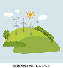 Illustration of windmills and a house on a hill. The image shows alternative energy sources. Nature, hills, grass and trees, renewable energy sources in a quiet corner far from the city. Vector