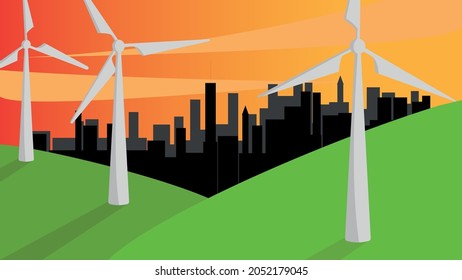 Illustration of windmills on hills and a city in the distance. Renewable energy concept.