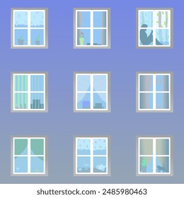 Illustration of the window of an apartment building where you can see residents cats curtains flowers and other household items standing not far from the window. Vector illustration the wall of a