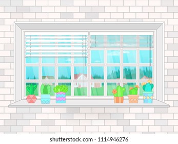 Illustration with window, cacti in pots and landscape outside the window. Flat style. Vector.