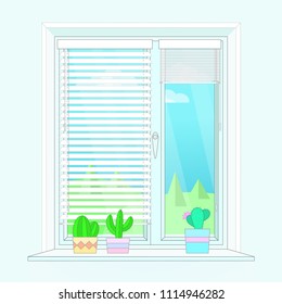 Illustration with window, cacti in pots and landscape outside the window. Flat style. Vector.