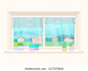 Illustration with window, cacti in pots and landscape outside the window. Flat style. Vector.