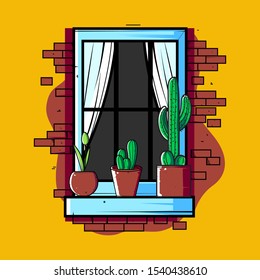 illustration of window and cactus plant