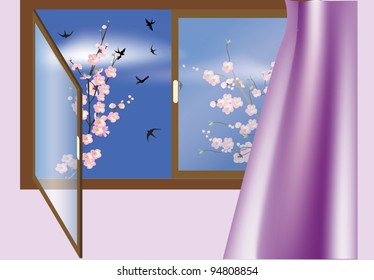 illustration with window, cherry tree flowers and birds