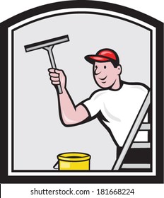 Illustration of a window cleaner cleaning a window with squeegee viewed from rear angle set inside shield on isolated background done in retro style.
