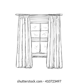 Illustration of window and curtains sketch. Interior
