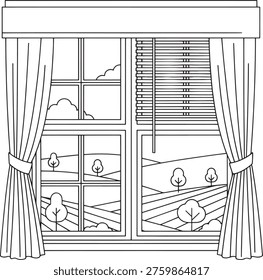 An illustration of a window with curtains tied back and blinds partially closed