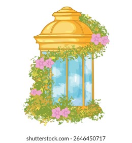  Ilustração de uma janela decorada com flores e hera. Ilustração vetorial.