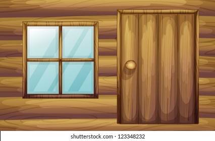 Illustration of window and door of a wooden room