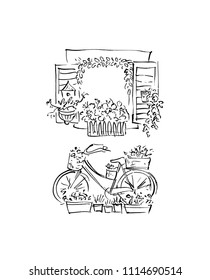 Illustration of a window with flowers and decorated bicycle.