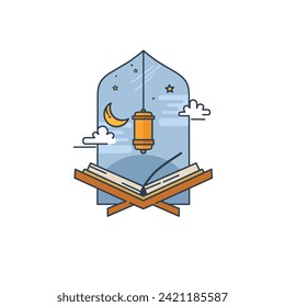 Ilustración de un marco de ventana con el libro sagrado Al-Qur'an que es adecuado para celebrar el Corán Nuzulul y el mes sagrado del Ramadán