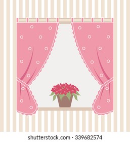 Illustration of the window inside the house with curtains and flowers on the windowsill. 