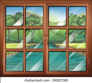 Illustration of a window near the flowing river