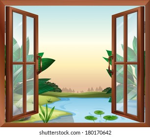 Illustration of a window near the pond
