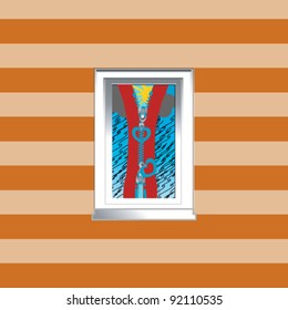 Illustration of a window on a striped wallpaper background