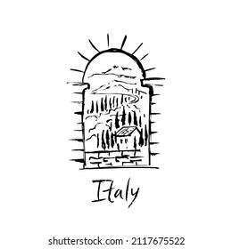 Illustration of a window overlooking the Italian landscape.