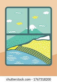 Illustration window pane with mountain and sky landscape scene, cute wallpaper
