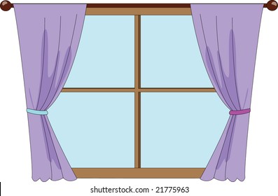Illustration of window with purple curtains