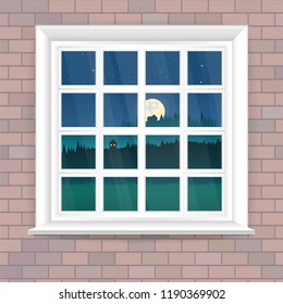 Illustration with window in realistic style on a brick wall and the night landscape outside the window. Vector background.