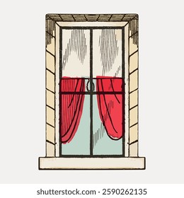 Illustration of a window with red curtains. The window frame is detailed. Red curtains add color. A simple, artistic window design with curtains. Vintage illustration isolated on white, vector.