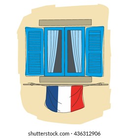 Illustration of window with shutters.