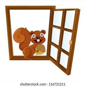 illustration of window and squirrel on white background