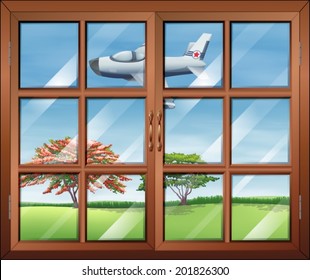Illustration eines Fensters mit Blick auf das Flugzeug außerhalb
