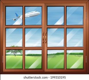 Illustration of a window with a view of the airplane in the sky