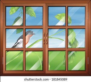 Illustration of a window with a view of the bird at the stem of a plant