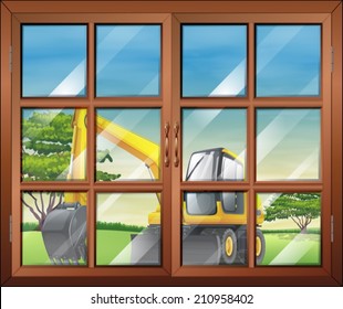 Illustration of a window with a view of the bulldozer outside
