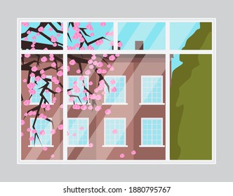 Illustration of a window with a view of the tall building and green tree landscape. Spring season cityscape. Warm sunny day blooming cherry outside the window, view from living room or apartment