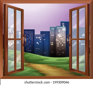 Illustration of a window with a view of the tall buildings
