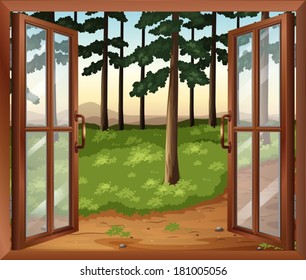 Illustration of a window with a view of the trees