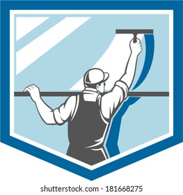 Illustration of a window washer cleaner cleaning a window with squeegee viewed from rear angle set inside shield on isolated background done in retro style.