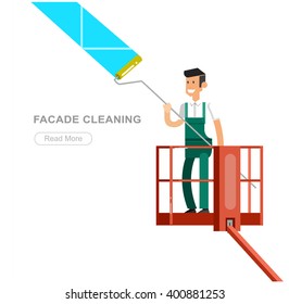 Illustration of a window washer cleaner cleaning a window. Vector detailed character men worker on lift