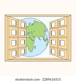 illustration of a window to the world, a symbol of a globe and a window.