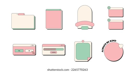 illustration windows, retro screens in vintage style. Computer browser and loading process bar, desktop interface message box and popup user interface elements, vector set