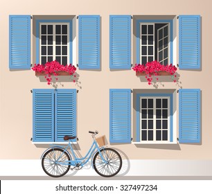 Illustration of windows with shutters and bicycle