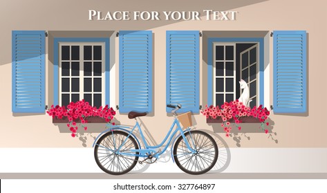 Illustration of windows with shutters and bicycle